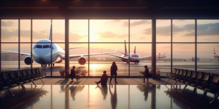 Airport interior with window sunset and airplane in background. Picturesque generative AIの素材