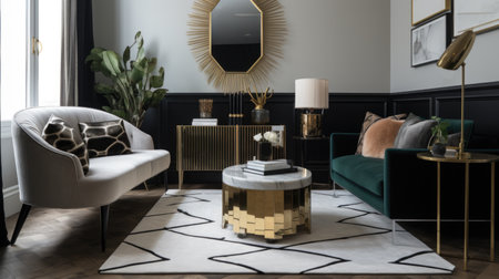 Living room decor, home interior design . Art Deco Contemporary style with Large Window decorated with Velvet and Marble material . Generative AI AIG26.の素材