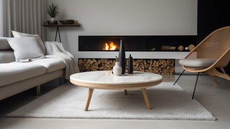 Living room decor, home interior design . Minimalist Scandinavian style with Fireplace decorated with Concrete and Wood material . Generative AI AIG26.の素材