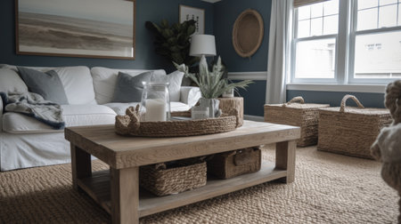 Living room decor, home interior design . Coastal Rustic style with Ocean View decorated with Rattan and Wood material . Generative AI AIG26.の素材
