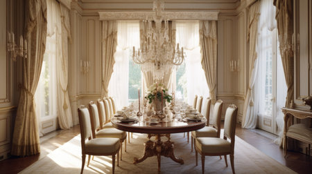 Interior design inspiration of Traditional Elegant style home dining room loveliness decorated with Wood and Crystal material and Chandelier .Generative AI home interior design .の素材