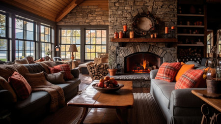 Living room decor, home interior design . Rustic Farmhouse style with Stone Fireplace decorated with Wood and Leather material . Generative AI AIG26.の素材