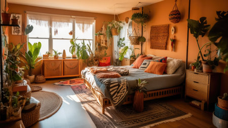 Bedroom decor, home interior design . Bohemian Mid-century style with Gallery Wall decorated with Rattan and Velvet material . Generative AI AIG26.の素材