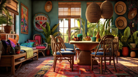 Interior design inspiration of Bohemian Eclectic style home dining room loveliness decorated with Rattan and Fabric material and Tapestry .Generative AI home interior design .の素材