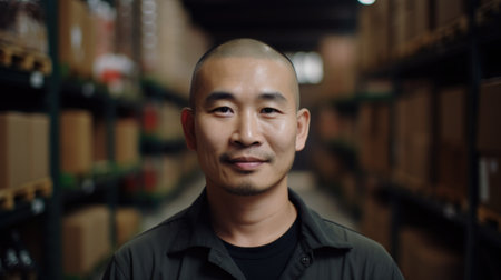 A smiling Chinese male factory worker standing in warehouse. Generative AI AIG19.の素材