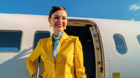 Smiling air hostess in yellow suit standing in front of airplane entrance under blue sky. Generative AI AIG21.の素材