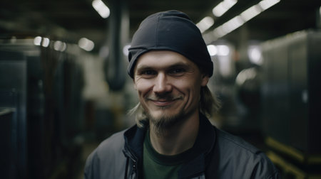 A smiling Swedish male factory worker standing in metal sheet factory. Generative AI AIG19.の素材
