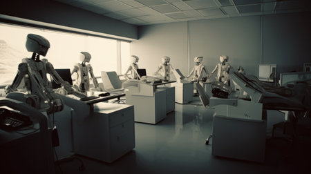 Robotic office with laptops and robots, business process automation. human enhanced. Generative AI AIG20.の素材