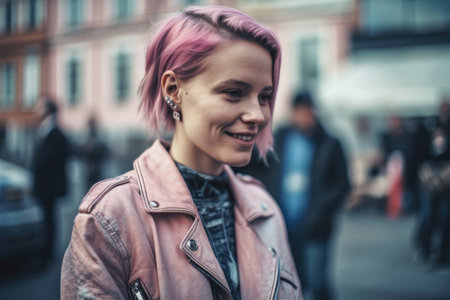Young Scandinavian woman smiling and using a futuristic mobile phone. Generative AI AIG18.の素材