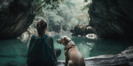 Active woman hiking to waterfall with labrador retriever dog. distinct generative AI image.の素材