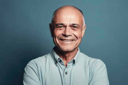 Mature male standing inside studio smiling happily for camera. Generative AI AIG20.の素材
