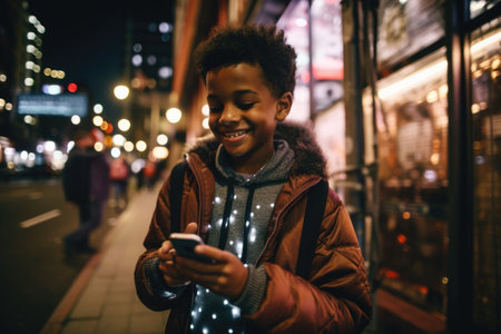 Wide angle shot of a young african-american 10-year-old little boy trendy clothes using mobile phone with background of urban city street at night. Generative AI AIG18.の素材