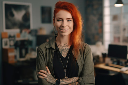 Cool female fashion designer, smiling face, looking at camera, red hair, piercing, tattoo, standing at office desk, laptop, colorful trendy interior office. Generative AI AIG20.の素材