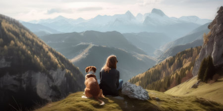 Young beautiful woman enjoy view with her dog during hiking trip in the mountain. distinct generative AI image.の素材