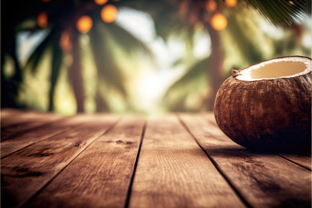Focus empty wood table with blurred of coconut and palm tree background. Concept of blank space for advertising product with sunrise view. Finest generative AI.の素材