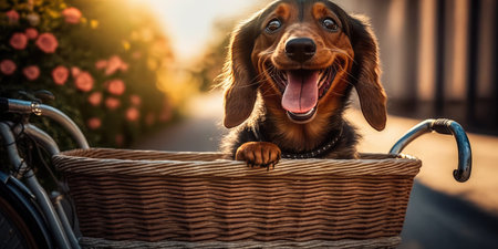 Dachshund dog have fun bicycle ride on sunshine day morning in summer on town streetの素材