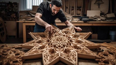 The man working on a wooden mans hand with a wooden star in workshop. Generative AI AIG21.の素材
