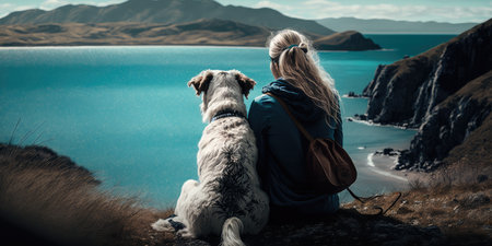 Young beautiful woman enjoy view with her dog during hiking trip in the mountain. distinct generative AI image.の素材