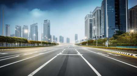 Asphalt road and modern city with skyscrapers. Generative AI AIG21.の素材