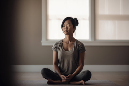 Female Asian middle aged practicing yoga in living room peace. Generative AI AIG23.の素材