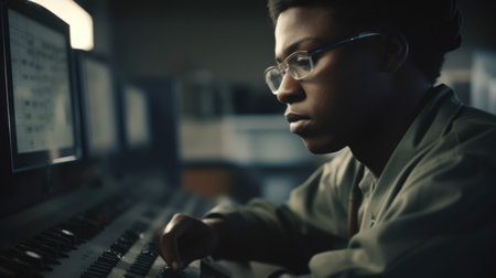 CNC Operator Male African-American Young Adult Operating a computer numerical control machine to manufacture parts in CNC machine. Generative AI AIG22.の素材