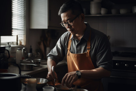 Male Asian middle aged cooking in kitchen apron chef attire. Generative AI AIG23.の素材