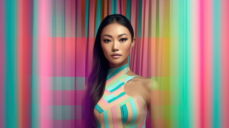Young female model posing with trendy fashion outfit and colorful pastel mood optical art abstract background. Picturesque generative AIの素材