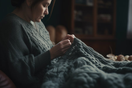 Female Caucasian senior knitting cozy sweater warmth living room. Generative AI AIG23.の素材