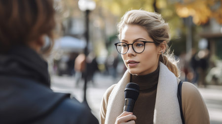 Journalist Female Caucasian Young Adult Interviewing someone with a microphone in hand in Outdoor street. Generative AI AIG22.の素材