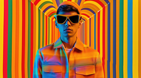 Young male model wearing VR posing with trendy fashion outfit and colorful orange optical art abstract background. Picturesque generative AIの素材