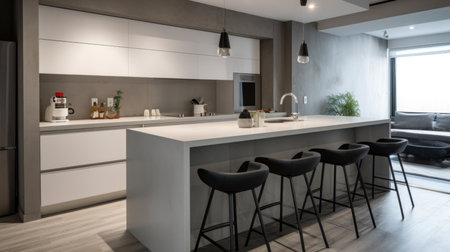 Interior design of Kitchen in Modern style with Statement Backsplash decorated with Concrete Countertops, Metal Stools material. Modern architecture. Generative AI AIG24.の素材