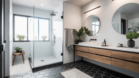 Interior design of Bathroom in Minimalist style with Floating Vanity decorated with Subway Tile, Hexagon Floor material. Coastal architecture. Generative AI AIG24.の素材