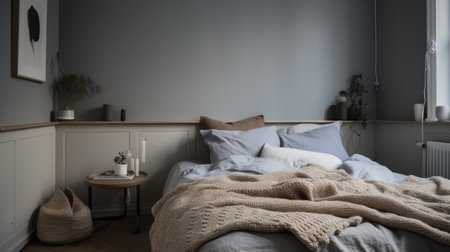 Interior design of Bedroom in Scandinavian style with Headboard wall decorated with Linen, Wood, Woven, Faux Fur material. Minimalist architecture. Generative AI AIG24.の素材