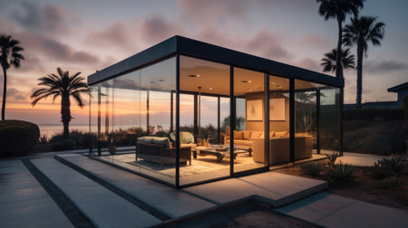 Home architecture design in Modern Style with Pool constructed by Concrete and Glass material. Modern architecture style. Generative AI AIG25 .の素材