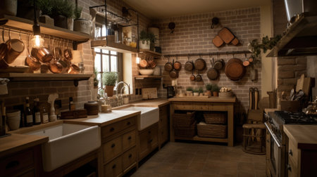 Interior design of Kitchen in Rustic style with Farmhouse Sink decorated with Brick, Wood, Woven material. Traditional architecture. Generative AI AIG24.の素材