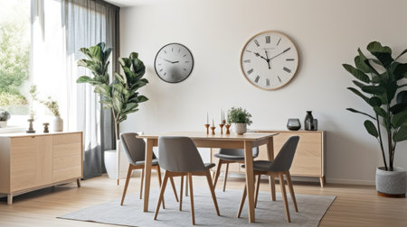 Interior design inspiration of Scandinavian Mid-Century style home dining room loveliness decorated with Wood and Fabric material and Statement Chair .Generative AI home interior design .の素材