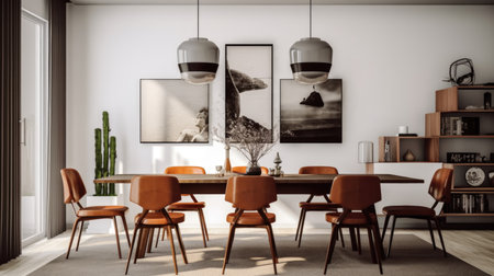 Interior design inspiration of Mid-Century Modern Scandinavian style home dining room loveliness decorated with Wood and Leather material and Wall Art .Generative AI home interior design .の素材