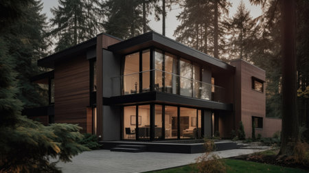 Home architecture design in Mid-century modern Style with Courtyard constructed by Wood and Glass material. Mid-century modern architecture style. Generative AI AIG25 .の素材