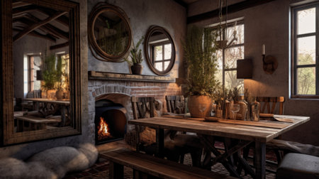 Interior design inspiration of Farmhouse Rustic style home dining room loveliness decorated with Brick and Leather material and Fireplace .Generative AI home interior design .の素材