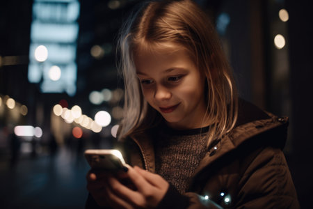 Low angle shot of a young caucasian 10-year-old little girl trendy clothes using mobile phone with background of urban city street at night. Generative AI AIG18.の素材