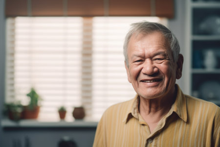 Happy scandinavian senior man at home smiling looking at camera. Generative AI AIG20.の素材