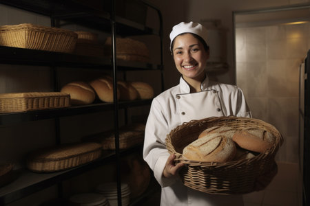 Smiling spanish female baker standing in home kitchen holding bread in basket. Generative AI AIG21.の素材