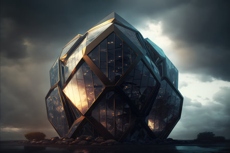 Ultra modern futuristic design of office building with hexagon shape pattern. distinct generative AI image.の素材