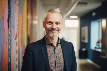 Mature smart swedish businessman, smiling face, standing in blur background of creative colorful office interior design. Generative AI AIG20.の素材