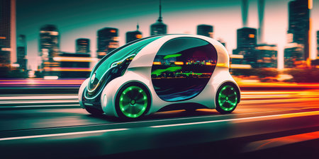 Futuristic electric car driving on urban highway road. distinct generative AI image.の素材