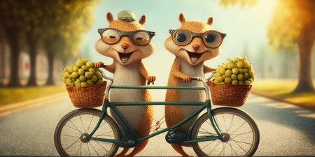 squirrels have fun bicycle ride on sunshine day in summer on town streetの素材