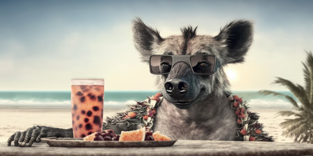 hyena is on summer vacation at seaside resort and relaxing on summer beachの素材