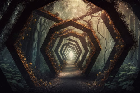 The hidden hexagon tunnel of the mysterious forest. distinct generative AI image.の素材