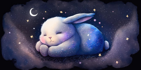 A cute and adorable bunny is sleeping under night sky between stars pillow. Generative AI AIG16.の素材