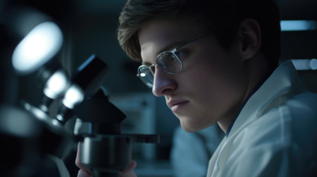 Scientist Male Caucasian Young adult Conducting an experiment in Laboratory. Generative AI AIG22.の素材